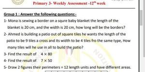 مراجعات نهائية.. أسئلة تقييم الاسبوع الـ 12 في الرياضيات Math الصف الثالث الابتدائي