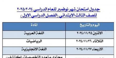 عاجل.. تعليم الجيزة تعلن جدول امتحانات شهر نوفمبر لـ الصف الثالث الابتدائي