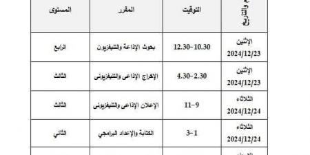 جداول امتحانات الشفوى للفصل الدراسى الأول بكلية الإعلام جامعة السويس - في المدرج