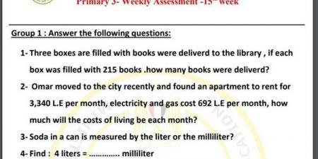 مراجعات نهائية.. لطلاب الصف الثالث الابتدائي.. أسئلة تقييم الاسبوع الـ 15 في الرياضيات لغات