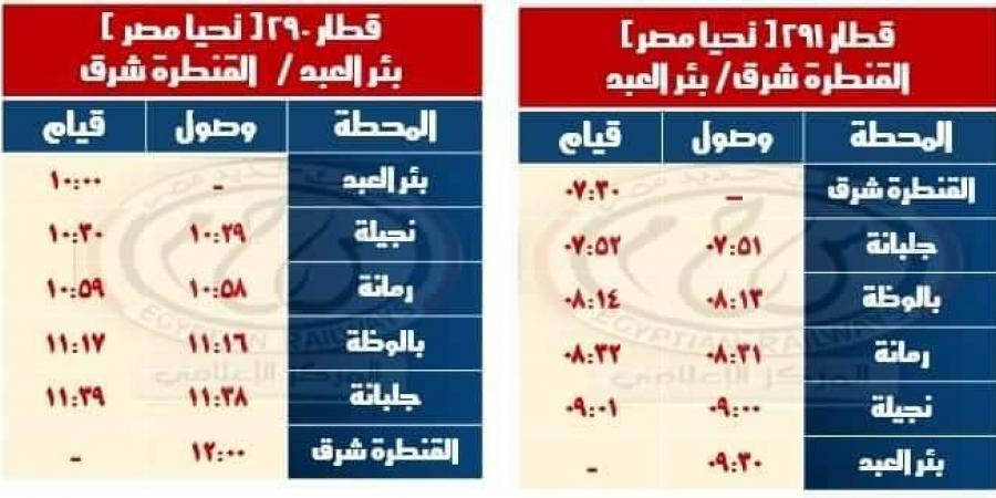 مواعيد القطارات على خطى القنطرة – بئر العبد و كفر داوود -السادات