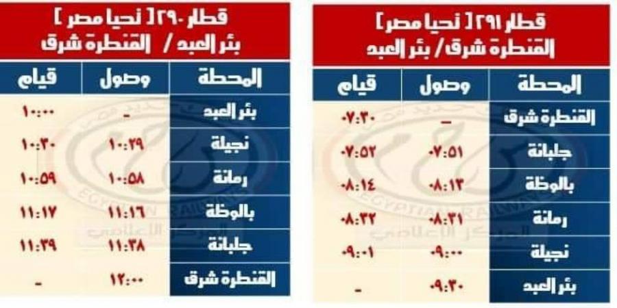 السكة الحديد تعلن مواعيد القطارات على خط القنطرة شرق وبئر العبد والعكس