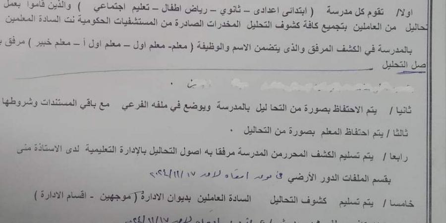 تعليمات جديدة بشأن إجراء تحليل المخدرات للمعلمين المستحقين للترقي «مستند»