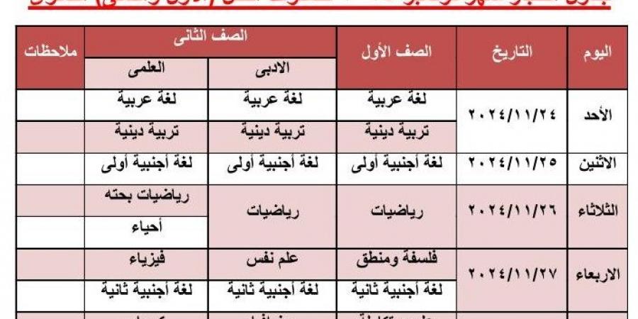 جدول امتحانات شهر نوفمبر 2024 لطلاب الصفين الأول والثاني الثانوي بالجيزة - في المدرج