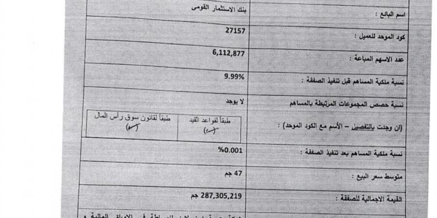 بقيمة 287 مليون جنيه.. بنك الاستثمار القومي يبيع 6 ملايين سهم بحصته في بني سويف للأسمنت - في المدرج