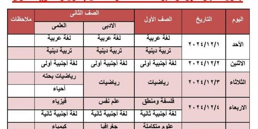 جدول امتحانات شهر نوفمبر 2024 لطلاب الصفين الأول والثاني الثانوي بالجيزة - في المدرج