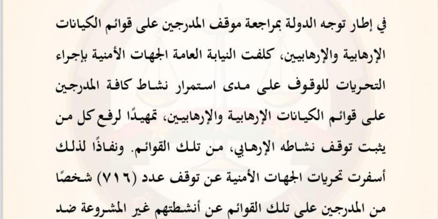 النيابة العامة: رفع أسماء 716 شخصًا من قوائم الكيانات الإرهابية والإرهابيين دفعة واحدة