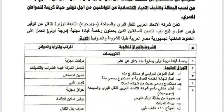 فرص عمل تعلنها النقل البرى بمرتبات مجزية اعرف الأوراق والشروط المطلوبة