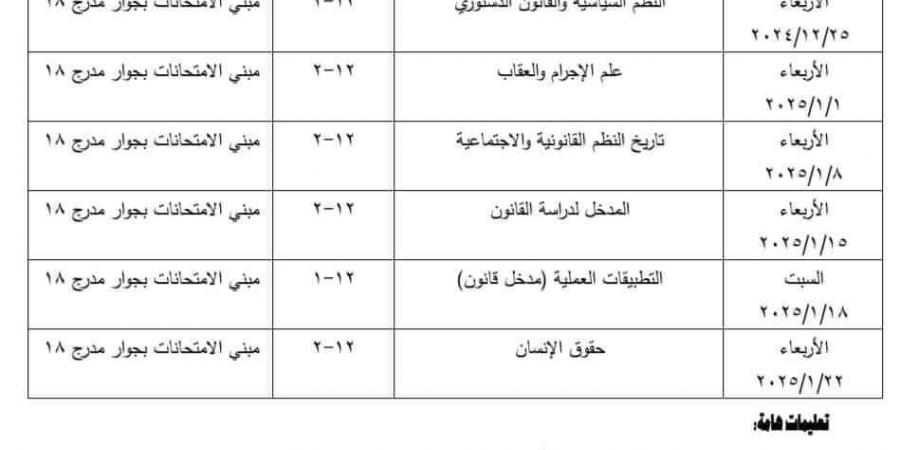 لطلاب الفرقة الأولى.. ننشر جدول امتحانات منتصف العام 2025 بكلية حقوق حلوان - في المدرج