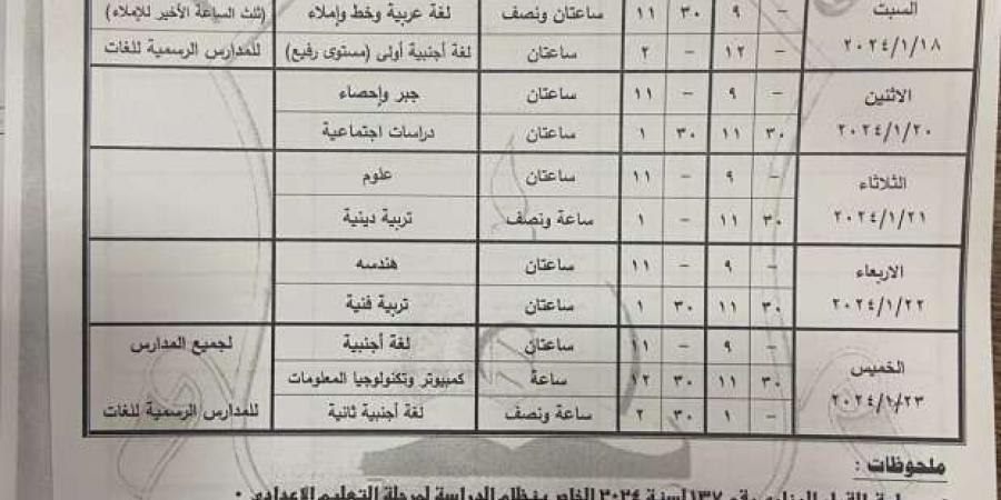 جدول امتحانات الصف الثالث الإعدادى الترم الأول 2025 بقنا