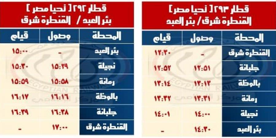 السكة الحديد تعلن مواعيد القطارات على خط القنطرة شرق بئر العبد وبشتيل كفر داوود