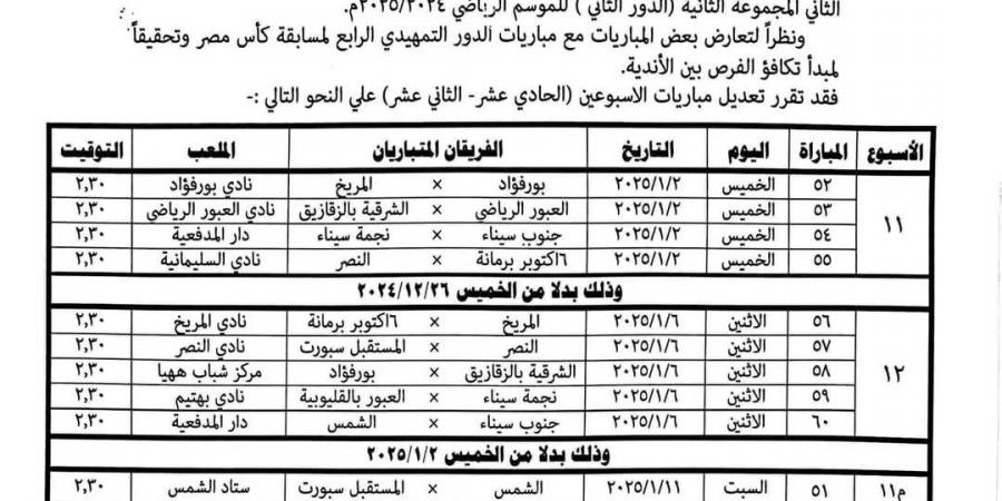 تعديل مواعيد مباريات الأسبوعين 11 و12 بدورى القسم الثاني بسبب كأس مصر - في المدرج