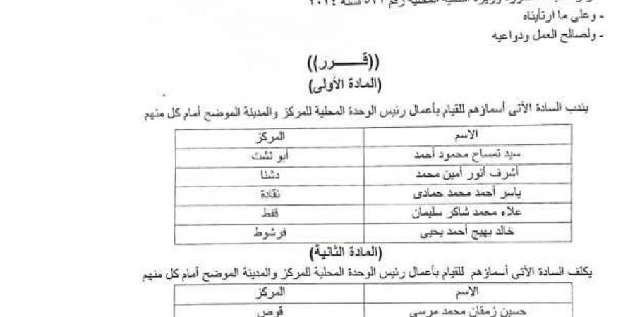 بالأسماء.. محافظ قنا يعتمد حركة تنقلات جديدة لرؤساء المدن ونوابهم