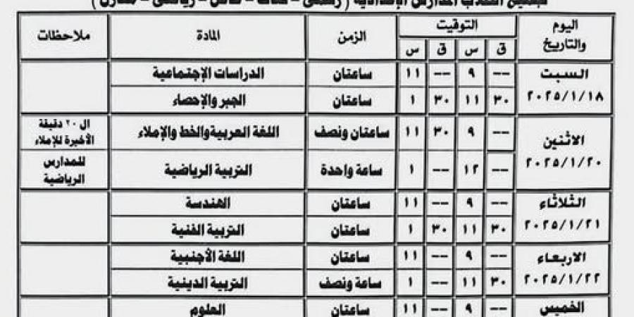  جدول امتحانات الشهادة الإعدادية الترم الأول 2025 ببورسعيد