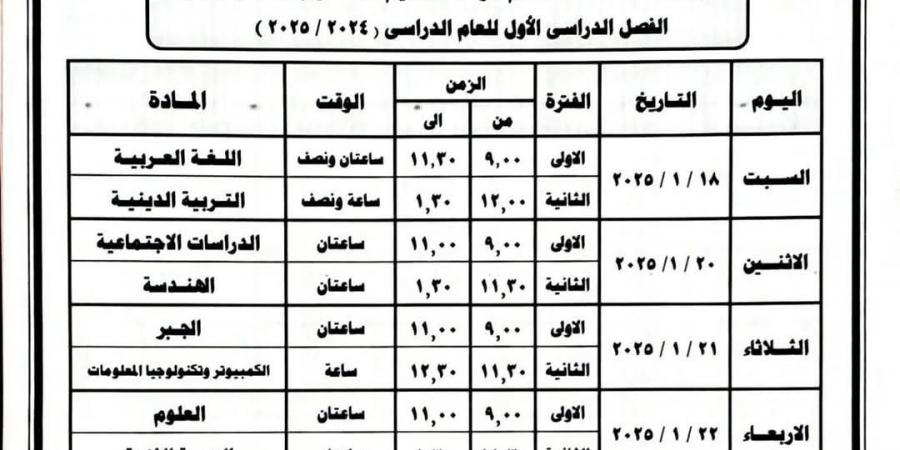 جدول امتحانات الشهادة الإعدادية الترم الأول 2025 بالبحيرة