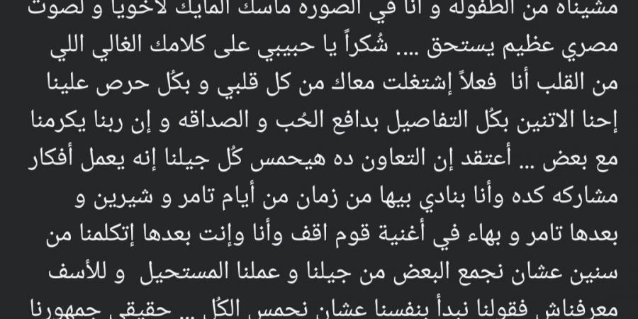 بعد إشادته به.. تامر حسني يرد على رامي صبري: صاحب الطفولة وبتمنى ربنا يكرمنا مع بعض