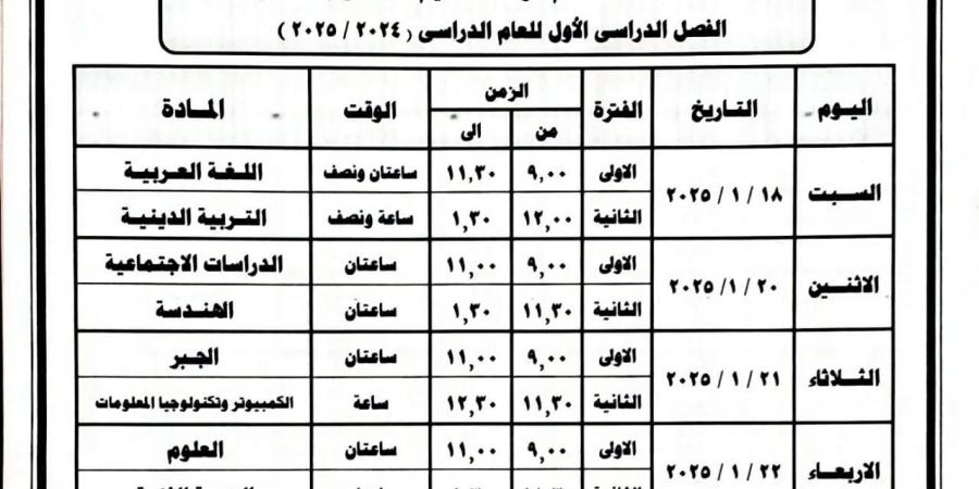 جدول امتحانات الشهادة الإعدادية الفصل الدراسي الأول في البحيرة