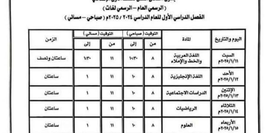 جدول امتحانات الفصل الدراسي الأول للصف الأول الإعدادي في كفر الشيخ