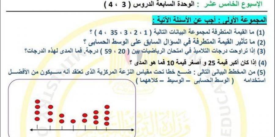 مراجعات نهائية.. أسئلة تقييم الاسبوع الـ 15 في الرياضيات لـ الصف السادس الابتدائي