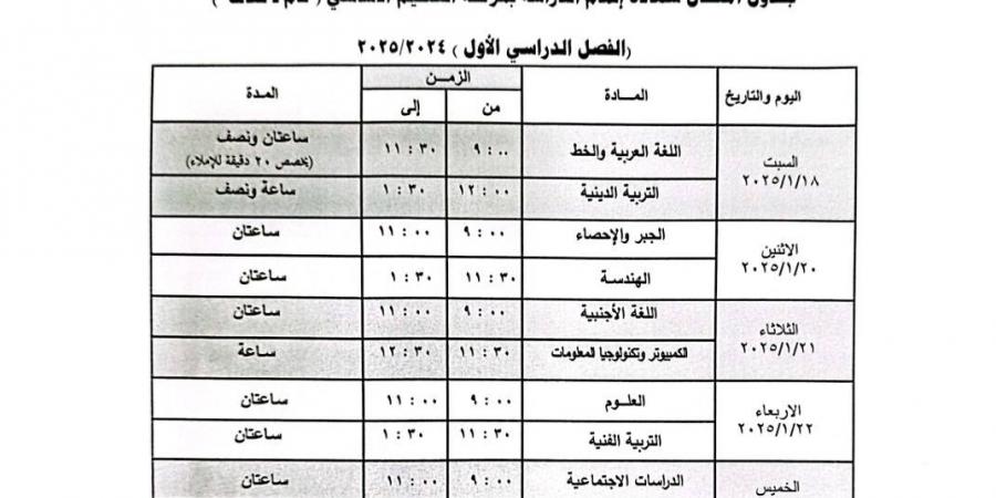 عاجل| جدول امتحان الشهادة الإعدادية الترم الأول 2025 بالجيزة