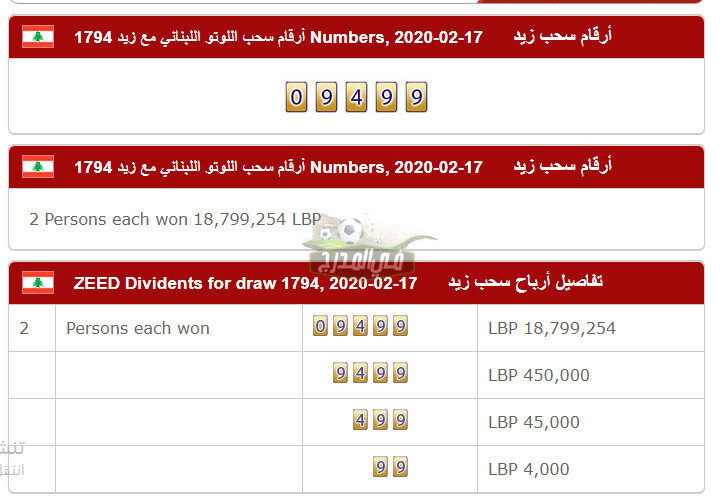 نتائج سحب اللوتو اللبناني Lebanese Lotto مع زيد ZEED الأرقام الرابحة فى اليانصيب اللبنانى إصدار رقم 1879
