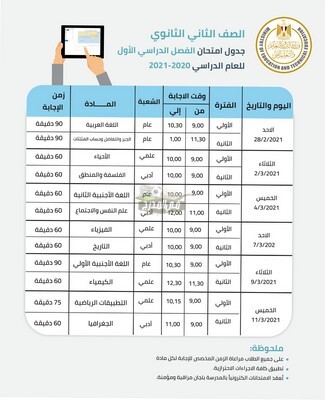 جدول الصف الثاني الثانوي الترم الأول 2021 جدول الامتحانات عبر موقع وزارة التربية والتعليم