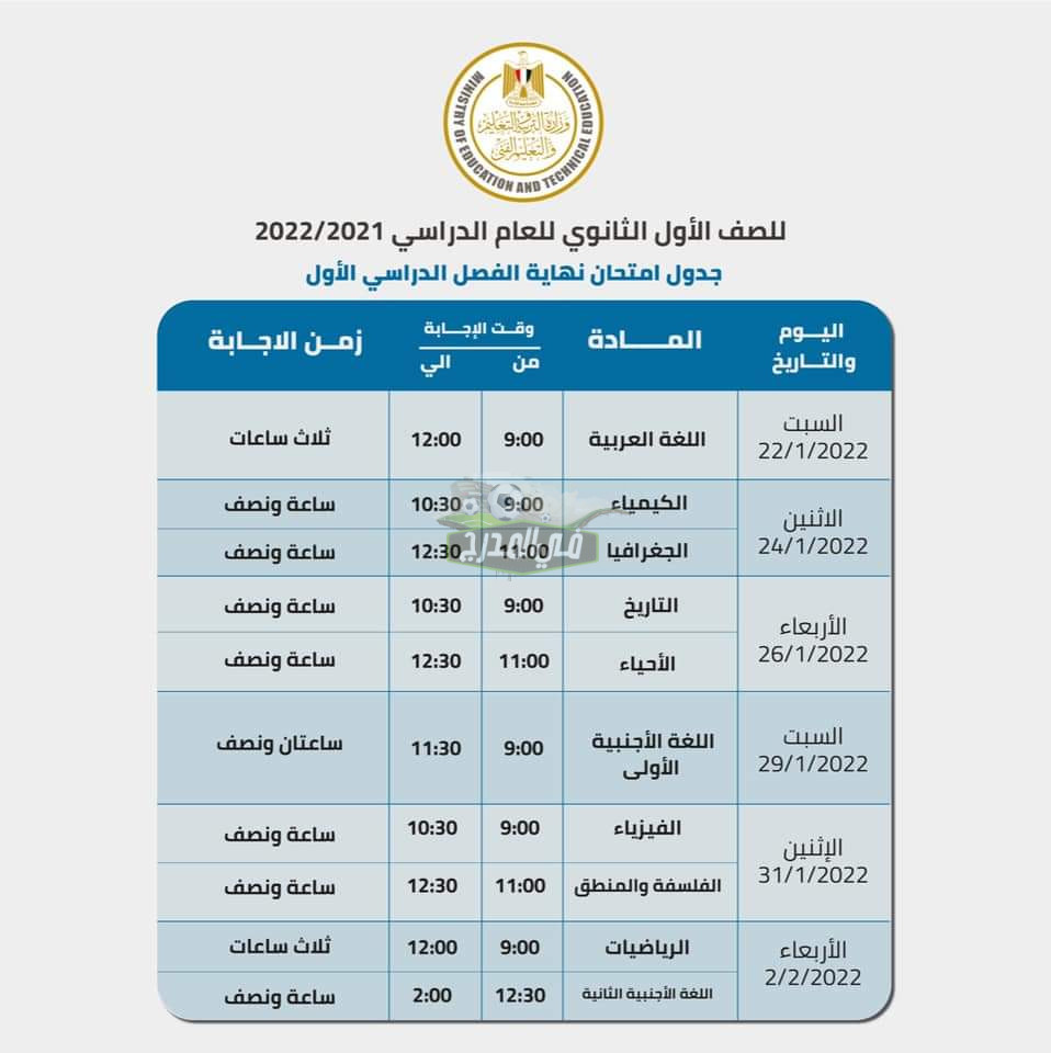 جدول امتحانات الصف الأول الثانوي 2022 الترم الاول